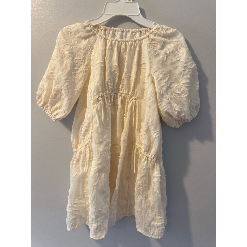 Zara Cream Textured Puff-Sleeve Dress